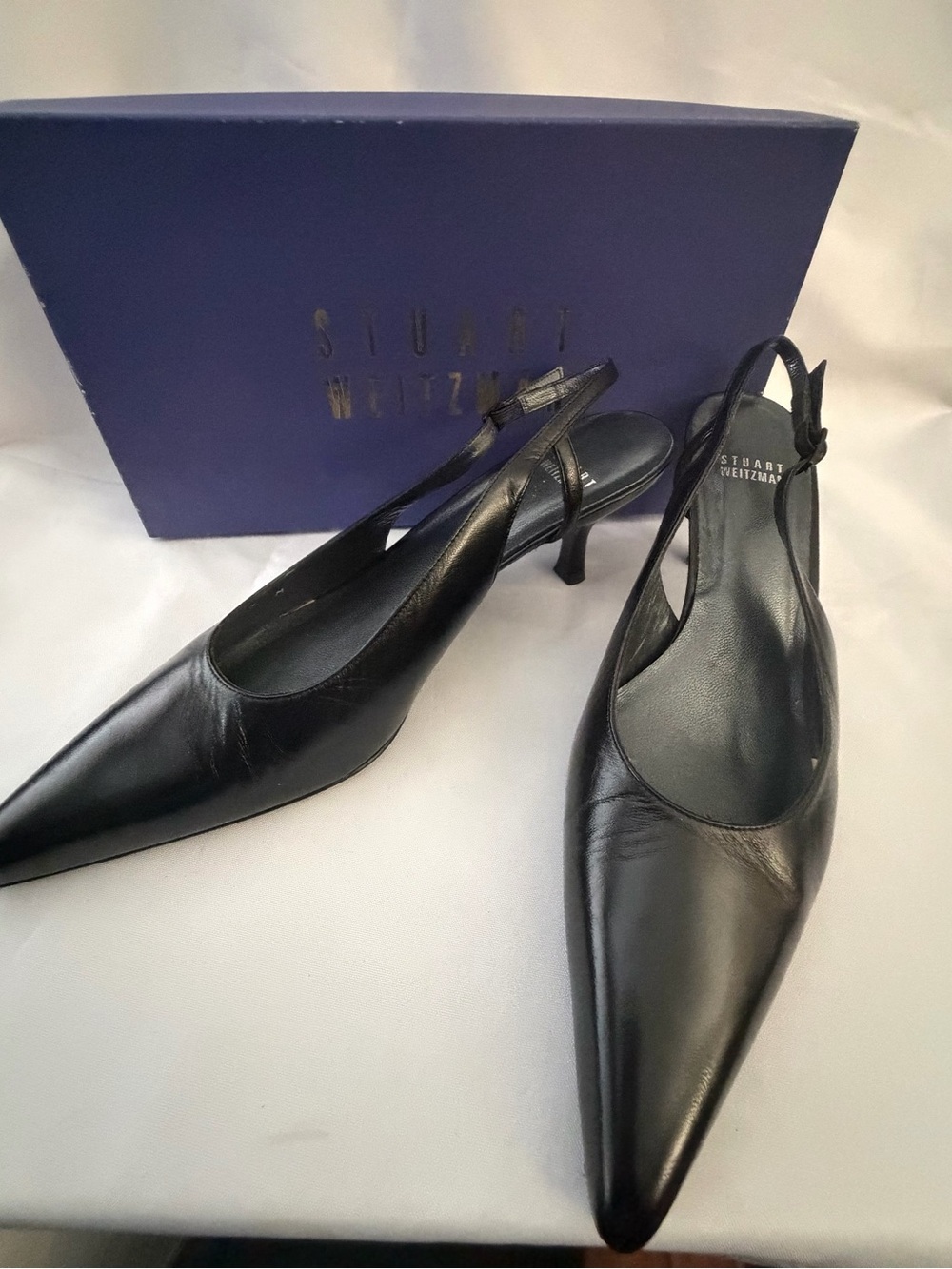 Stuart Weitzman Black Leather Slingback Pointed-Toe Kitten Heels